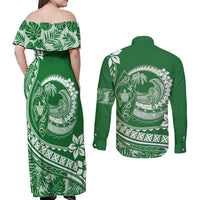Polynesian Plumeria Couples Matching Off Shoulder Maxi Dress and Long Sleeve Button Shirts Ride The Waves - Green LT7 - Wonder Print Shop