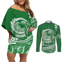 Polynesian Plumeria Couples Matching Off Shoulder Short Dress and Long Sleeve Button Shirts Ride The Waves - Green LT7 - Wonder Print Shop