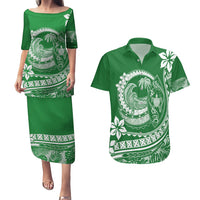Polynesian Plumeria Couples Matching Puletasi Dress and Hawaiian Shirt Ride The Waves - Green LT7 - Wonder Print Shop