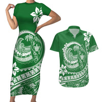 Polynesian Plumeria Couples Matching Short Sleeve Bodycon Dress and Hawaiian Shirt Ride The Waves - Green LT7 - Wonder Print Shop