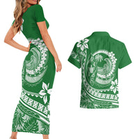 Polynesian Plumeria Couples Matching Short Sleeve Bodycon Dress and Hawaiian Shirt Ride The Waves - Green LT7 - Wonder Print Shop