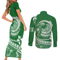 Polynesian Plumeria Couples Matching Short Sleeve Bodycon Dress and Long Sleeve Button Shirts Ride The Waves - Green LT7 - Wonder Print Shop