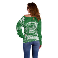 Polynesian Plumeria Off Shoulder Sweater Ride The Waves - Green - Wonder Print Shop