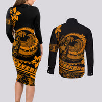 Polynesian Plumeria Couples Matching Long Sleeve Bodycon Dress and Long Sleeve Button Shirts Ride The Waves - Orange LT7 - Wonder Print Shop
