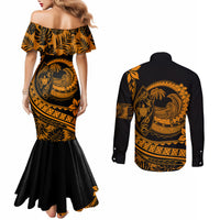 polynesian-plumeria-couples-matching-mermaid-dress-and-long-sleeve-button-shirts-ride-the-waves-orange