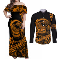 Polynesian Plumeria Couples Matching Off Shoulder Maxi Dress and Long Sleeve Button Shirts Ride The Waves - Orange LT7 - Wonder Print Shop