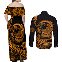 Polynesian Plumeria Couples Matching Off Shoulder Maxi Dress and Long Sleeve Button Shirts Ride The Waves - Orange LT7 - Wonder Print Shop