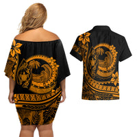 Polynesian Plumeria Couples Matching Off Shoulder Short Dress and Hawaiian Shirt Ride The Waves - Orange LT7 - Wonder Print Shop