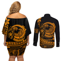 Polynesian Plumeria Couples Matching Off Shoulder Short Dress and Long Sleeve Button Shirts Ride The Waves - Orange LT7 - Wonder Print Shop