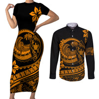 Polynesian Plumeria Couples Matching Short Sleeve Bodycon Dress and Long Sleeve Button Shirts Ride The Waves - Orange LT7 - Wonder Print Shop