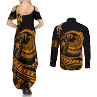 Polynesian Plumeria Couples Matching Summer Maxi Dress and Long Sleeve Button Shirts Ride The Waves - Orange LT7 - Wonder Print Shop