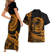 Polynesian Plumeria Couples Matching Short Sleeve Bodycon Dress and Hawaiian Shirt Ride The Waves - Orange LT7 - Wonder Print Shop