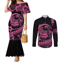 polynesian-plumeria-couples-matching-mermaid-dress-and-long-sleeve-button-shirts-ride-the-waves-pink