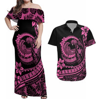 Polynesian Plumeria Couples Matching Off Shoulder Maxi Dress and Hawaiian Shirt Ride The Waves - Pink LT7 - Wonder Print Shop