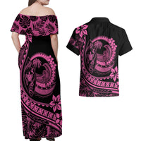 Polynesian Plumeria Couples Matching Off Shoulder Maxi Dress and Hawaiian Shirt Ride The Waves - Pink LT7 - Wonder Print Shop