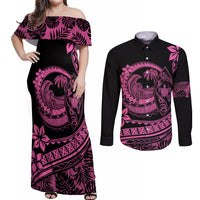 Polynesian Plumeria Couples Matching Off Shoulder Maxi Dress and Long Sleeve Button Shirts Ride The Waves - Pink LT7 - Wonder Print Shop