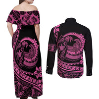 Polynesian Plumeria Couples Matching Off Shoulder Maxi Dress and Long Sleeve Button Shirts Ride The Waves - Pink LT7 - Wonder Print Shop