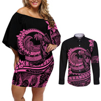 Polynesian Plumeria Couples Matching Off Shoulder Short Dress and Long Sleeve Button Shirts Ride The Waves - Pink LT7 - Wonder Print Shop