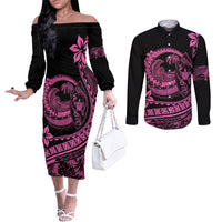 polynesian-plumeria-couples-matching-off-the-shoulder-long-sleeve-dress-and-long-sleeve-button-shirts-ride-the-waves-pink