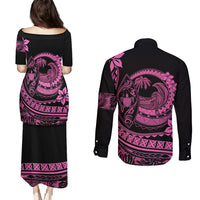Polynesian Plumeria Couples Matching Puletasi Dress and Long Sleeve Button Shirts Ride The Waves - Pink LT7 - Wonder Print Shop