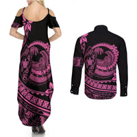 Polynesian Plumeria Couples Matching Summer Maxi Dress and Long Sleeve Button Shirts Ride The Waves - Pink LT7 - Wonder Print Shop