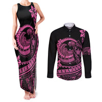 Polynesian Plumeria Couples Matching Tank Maxi Dress and Long Sleeve Button Shirts Ride The Waves - Pink LT7 - Wonder Print Shop