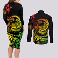 Polynesian Plumeria Couples Matching Long Sleeve Bodycon Dress and Long Sleeve Button Shirts Ride The Waves - Reggae LT7 - Wonder Print Shop