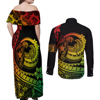 Polynesian Plumeria Couples Matching Off Shoulder Maxi Dress and Long Sleeve Button Shirts Ride The Waves - Reggae LT7 - Wonder Print Shop