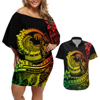 Polynesian Plumeria Couples Matching Off Shoulder Short Dress and Hawaiian Shirt Ride The Waves - Reggae LT7 - Wonder Print Shop