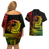 Polynesian Plumeria Couples Matching Off Shoulder Short Dress and Hawaiian Shirt Ride The Waves - Reggae LT7 - Wonder Print Shop