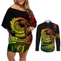 Polynesian Plumeria Couples Matching Off Shoulder Short Dress and Long Sleeve Button Shirts Ride The Waves - Reggae LT7 - Wonder Print Shop