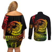 Polynesian Plumeria Couples Matching Off Shoulder Short Dress and Long Sleeve Button Shirts Ride The Waves - Reggae LT7 - Wonder Print Shop