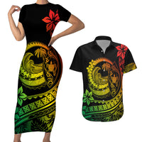 Polynesian Plumeria Couples Matching Short Sleeve Bodycon Dress and Hawaiian Shirt Ride The Waves - Reggae LT7 - Wonder Print Shop