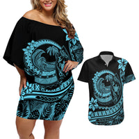 Polynesian Plumeria Couples Matching Off Shoulder Short Dress and Hawaiian Shirt Ride The Waves - Turquoise LT7 - Wonder Print Shop