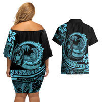 Polynesian Plumeria Couples Matching Off Shoulder Short Dress and Hawaiian Shirt Ride The Waves - Turquoise LT7 - Wonder Print Shop