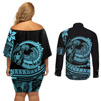 Polynesian Plumeria Couples Matching Off Shoulder Short Dress and Long Sleeve Button Shirts Ride The Waves - Turquoise LT7 - Wonder Print Shop