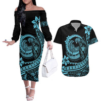 Polynesian Plumeria Couples Matching Off The Shoulder Long Sleeve Dress and Hawaiian Shirt Ride The Waves - Turquoise LT7 - Wonder Print Shop