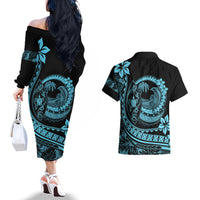 Polynesian Plumeria Couples Matching Off The Shoulder Long Sleeve Dress and Hawaiian Shirt Ride The Waves - Turquoise LT7 - Wonder Print Shop