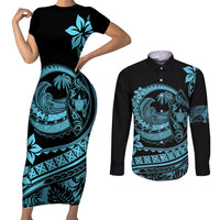 Polynesian Plumeria Couples Matching Short Sleeve Bodycon Dress and Long Sleeve Button Shirts Ride The Waves - Turquoise LT7 - Wonder Print Shop