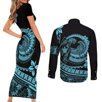 Polynesian Plumeria Couples Matching Short Sleeve Bodycon Dress and Long Sleeve Button Shirts Ride The Waves - Turquoise LT7 - Wonder Print Shop