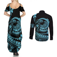 Polynesian Plumeria Couples Matching Summer Maxi Dress and Long Sleeve Button Shirts Ride The Waves - Turquoise LT7 - Wonder Print Shop