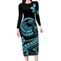 Polynesian Plumeria Long Sleeve Bodycon Dress Ride The Waves - Turquoise - Wonder Print Shop