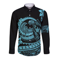 Polynesian Plumeria Long Sleeve Button Shirt Ride The Waves - Turquoise - Wonder Print Shop