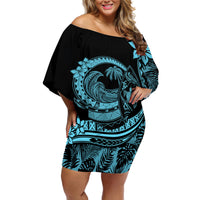 Polynesian Plumeria Off Shoulder Short Dress Ride The Waves - Turquoise - Wonder Print Shop
