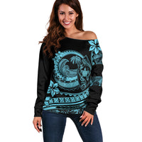 Polynesian Plumeria Off Shoulder Sweater Ride The Waves - Turquoise - Wonder Print Shop