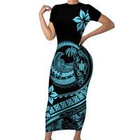Polynesian Plumeria Short Sleeve Bodycon Dress Ride The Waves - Turquoise - Wonder Print Shop