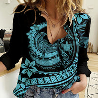 Polynesian Plumeria Women Casual Shirt Ride The Waves - Turquoise - Wonder Print Shop