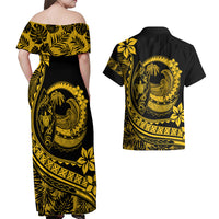 Polynesian Plumeria Couples Matching Off Shoulder Maxi Dress and Hawaiian Shirt Ride The Waves - Yellow LT7 - Wonder Print Shop