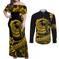 Polynesian Plumeria Couples Matching Off Shoulder Maxi Dress and Long Sleeve Button Shirts Ride The Waves - Yellow LT7 - Wonder Print Shop