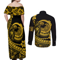 Polynesian Plumeria Couples Matching Off Shoulder Maxi Dress and Long Sleeve Button Shirts Ride The Waves - Yellow LT7 - Wonder Print Shop